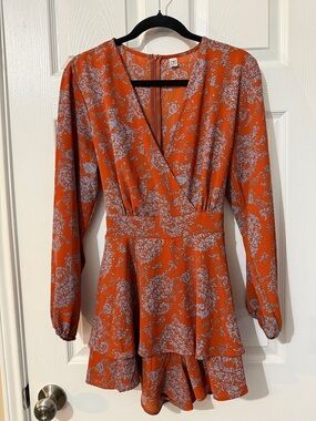 Orange Floral Peplum Romper with Blue Print